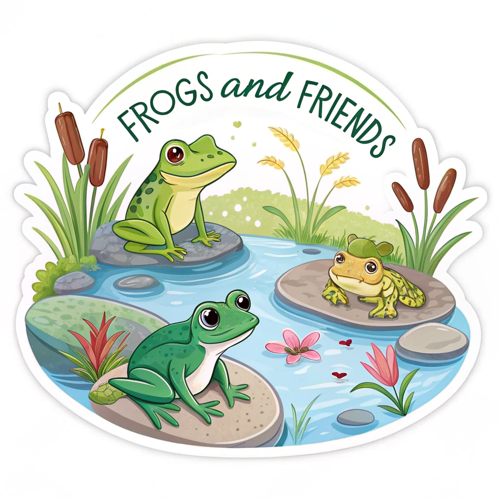 A vibrant scene depicting several different types of frogs (e.g., tree frog, bullfrog) in a clean pond habitat with clear water, rocks, and plants. The text curves around the top edge of the sticker.
