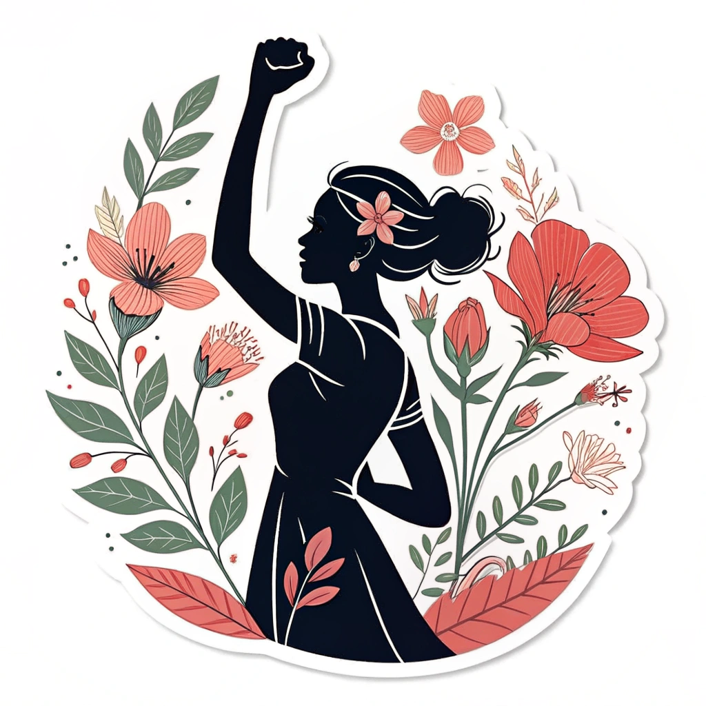 A logo featuring a stylized silhouette of a woman raising her fist in solidarity, surrounded by floral elements to represent growth and empowerment.