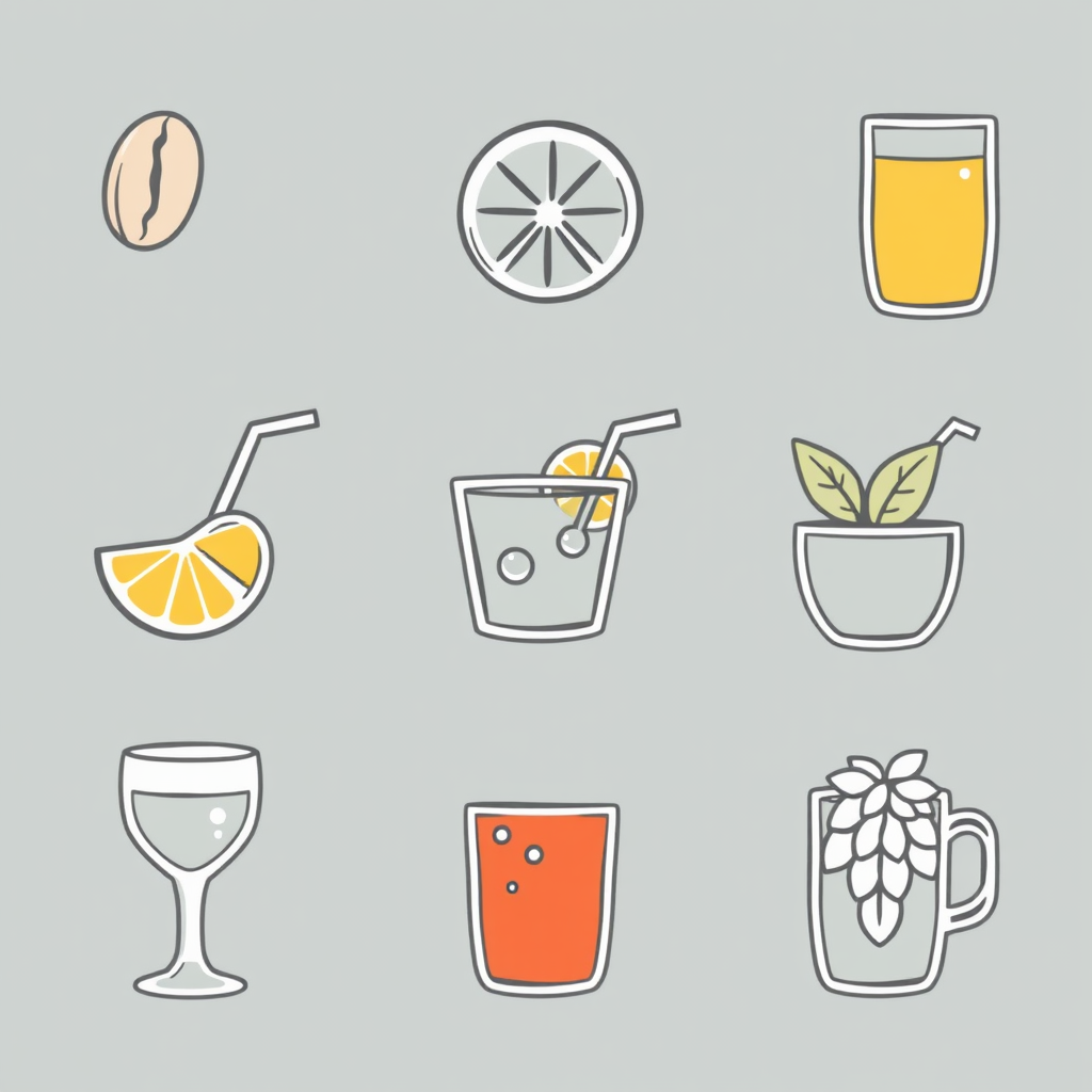 Outline icons where each popular drink is represented by a minimalist depiction of its key ingredient or a distinctive garnish (e.g., a coffee bean for coffee, a lemon wedge for lemonade, a tea leaf for tea, hops for beer).