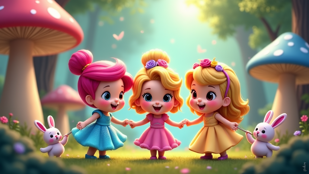 A group of chibi princesses, each with unique features and outfits, exploring a whimsical forest. They could be interacting with friendly, cartoonish animals.