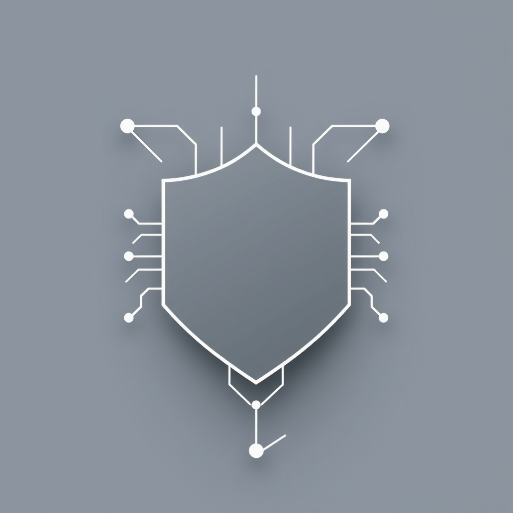 An abstract shield form where the negative space within a composition of minimalist, angular circuit lines subtly implies the protective shield shape.