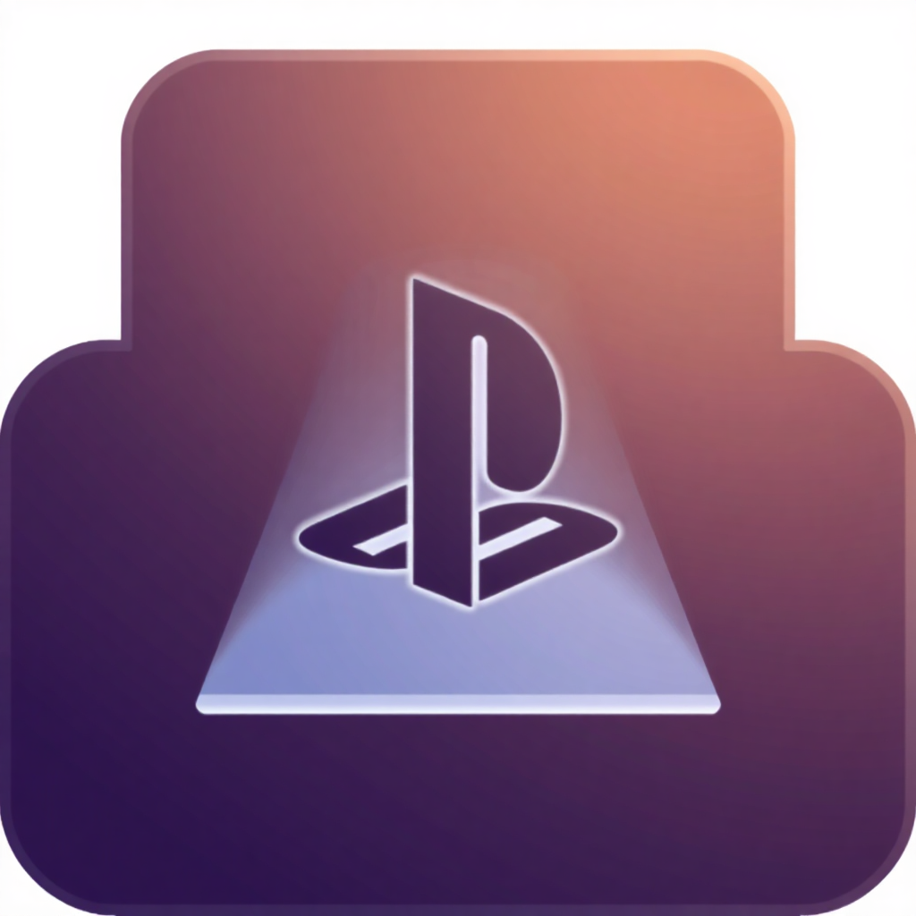 The image is a square-shaped icon with a purple and orange gradient background. In the center of the icon, there is a white triangle with the letter P in the middle, representing the PlayStation logo. The triangle is slightly tilted to the right, giving the impression that it is floating in the air. The overall design is simple and minimalistic.