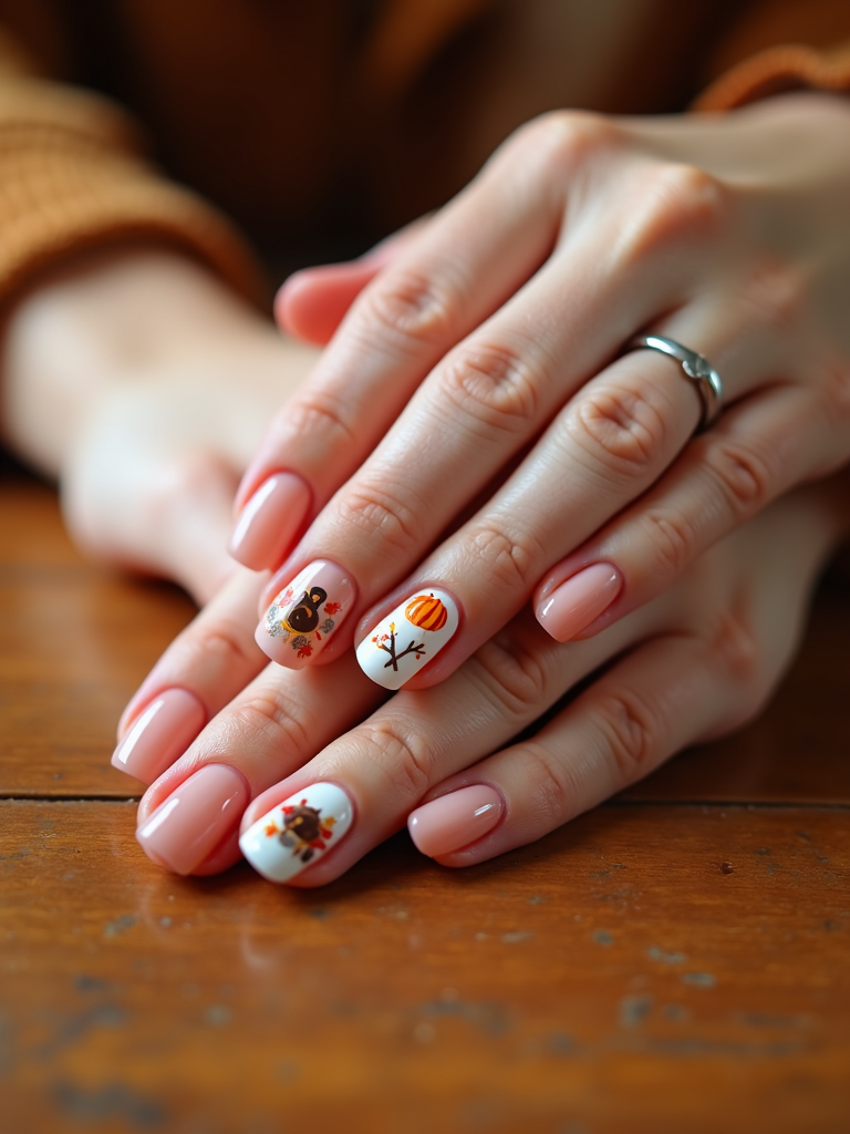 A close-up of hands showcasing Thanksgiving-themed nails with intricate turkey designs, vibrant autumn leaves, and small pumpkins depicted on each nail.