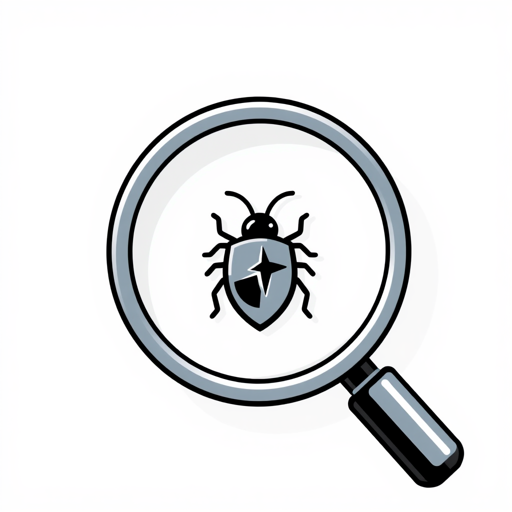 Simple Icon Idea: A magnifying glass icon with a small, stylized bug or a tiny cracked shield visible within its lens, symbolizing discovered vulnerability.
