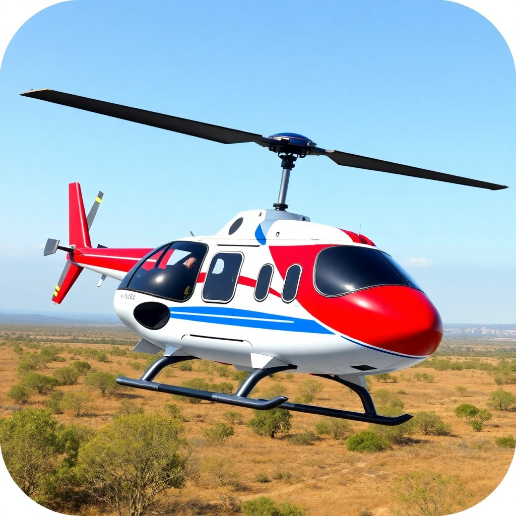  a red and white helicopter flying over a vast landscape. The helicopter has a sleek design with a pointed nose and a pointed tail. The body of the helicopter is predominantly white with red and blue stripes running along the sides. The cockpit is open, and the pilot can be seen sitting in the cockpit. The sky is clear and blue, and there are a few trees and shrubs visible in the background. The image appears to be taken from a low angle, looking up at the helicopter.