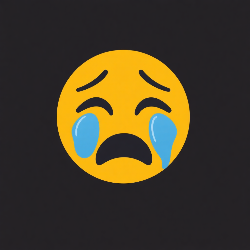 The image shows a yellow smiley face with tears streaming down its cheeks, set against a black background.