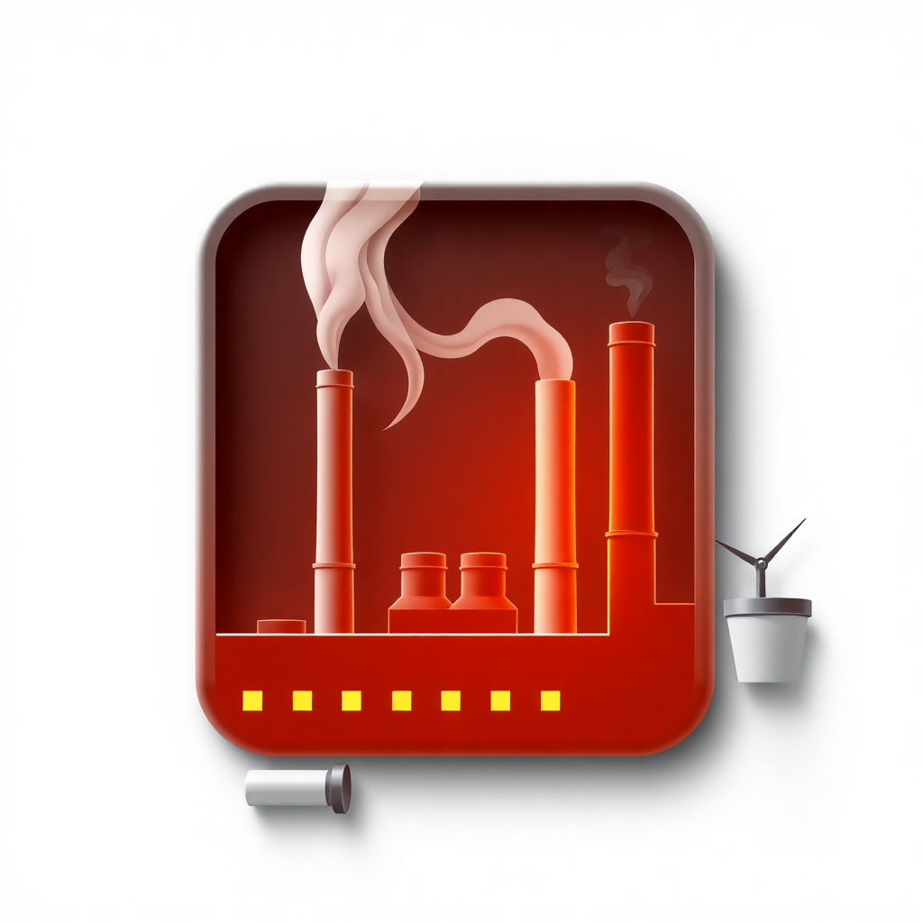 The image is a square-shaped icon with a red background. In the center of the icon, there is a factory with three tall red chimneys emitting white smoke. The chimneys are arranged in a row and appear to be made of metal. Below the chimneys, there are several smaller red containers or containers stacked on top of each other. On the right side of the image, there appears to be a small wind turbine. The icon is attached to a white wall with a black handle.