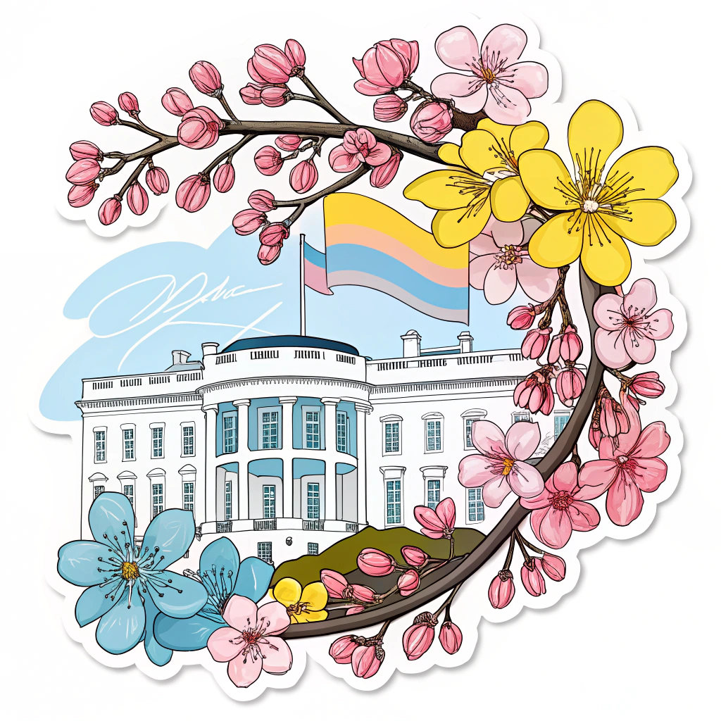 Sub-Design Idea 4: An illustration of the White House, partially framed by cherry blossom branches, where the blossoms themselves are colored in shades of pink, yellow, and blue, representing the Pansexual Pride flag.
