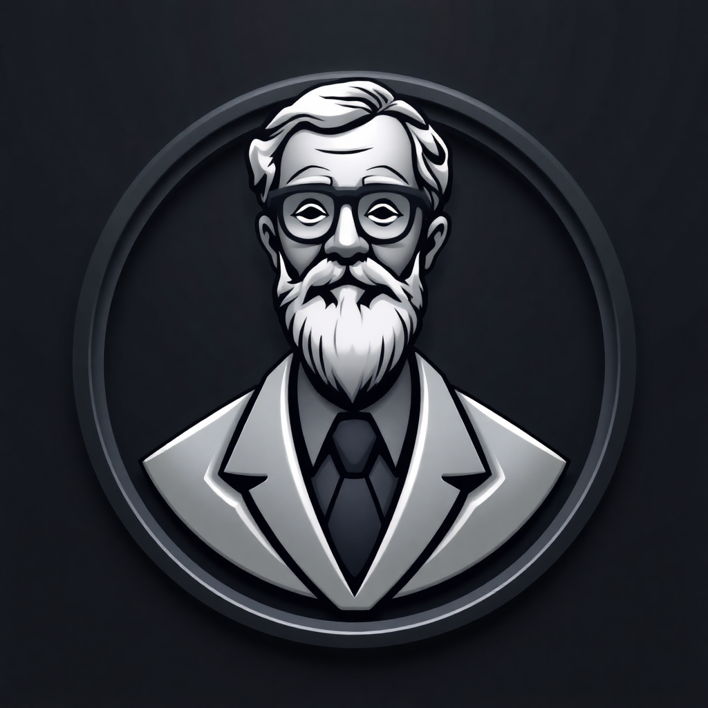 The image is a black and white portrait of a man with a long white beard and mustache. He is wearing a suit and tie, and has a pair of glasses on. The man has a serious expression on his face and is looking directly at the viewer. The background is black, and the portrait is in a circular shape. The overall design is simple and minimalistic.