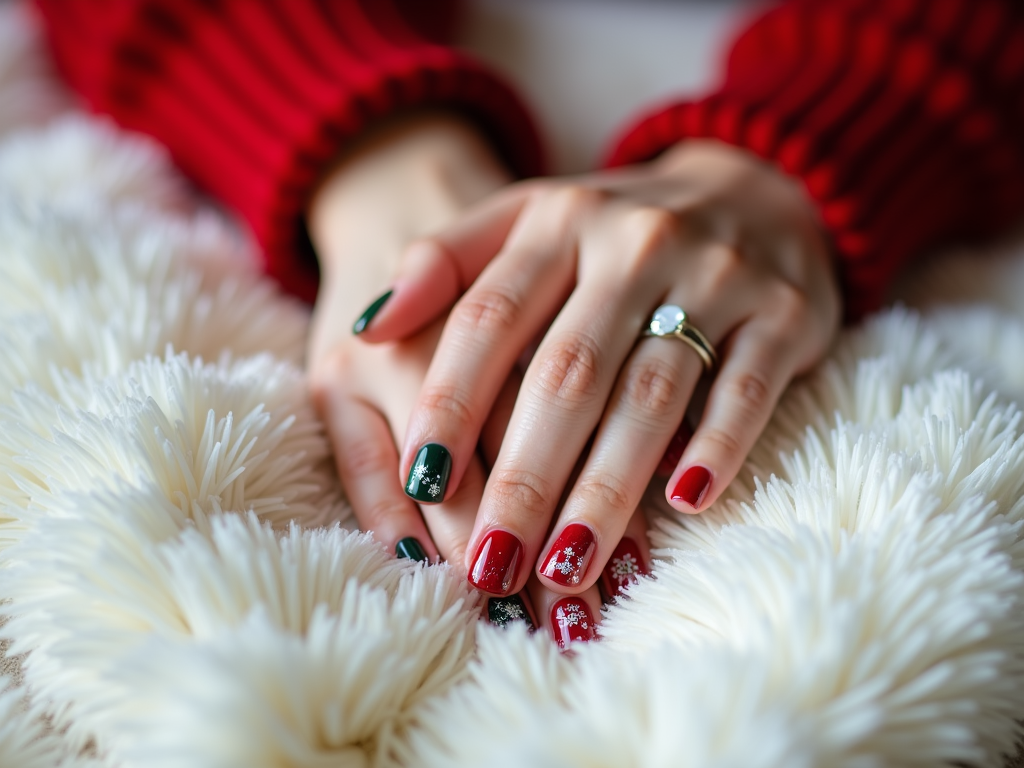  a close-up of a person's hands resting on a fluffy white fur blanket. The hands are resting on top of each other, with the fingers slightly curled and the palms facing each other. The nails are painted with a red and green manicure, with a gold ring on one of the fingers. The person is wearing a red sweater, which is visible in the top left corner of the image. The background is blurred, but it appears to be a wooden surface.