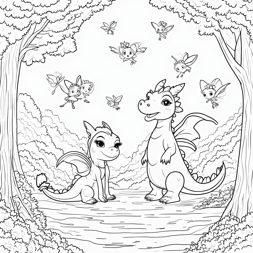 A friendly dragon playing with a group of fairies in an enchanted forest. The fairies hover around the dragon, which is smaller in size and looks playful, with a round belly and tiny wings. Lush trees and delicate flowers complete the magical setting.