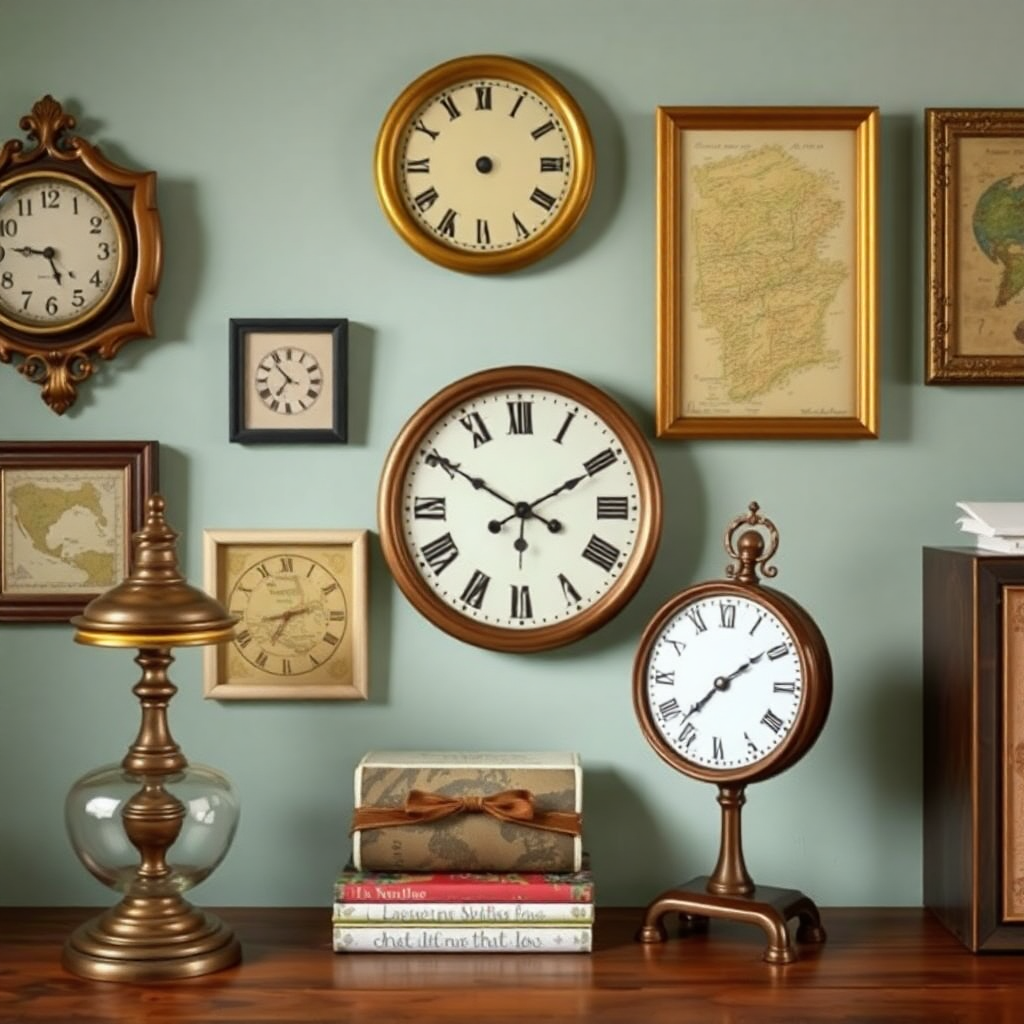 Add decorative elements like antique clocks, maps, and vintage artwork.