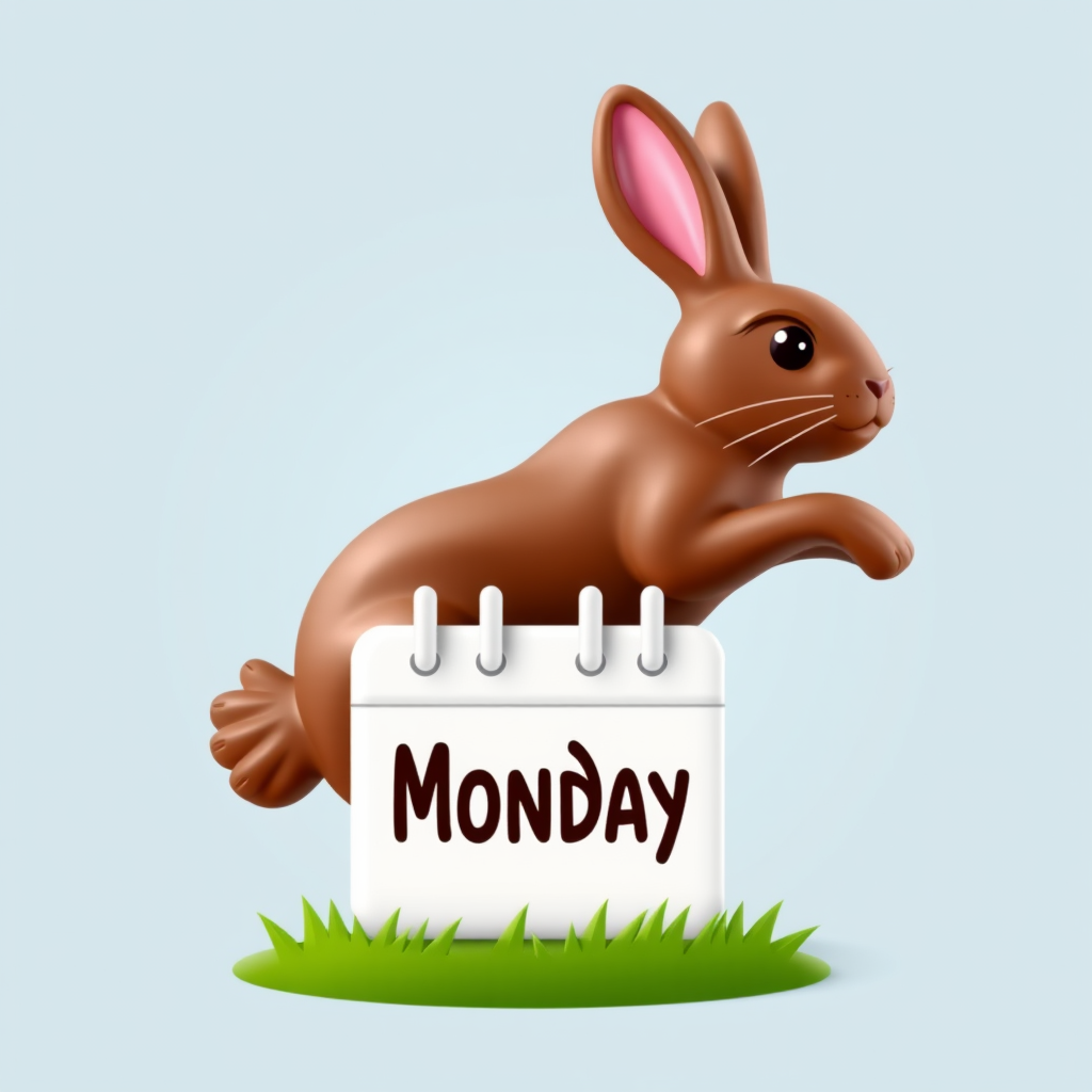 A chocolate bunny jumping over a calendar icon displaying 'Monday'