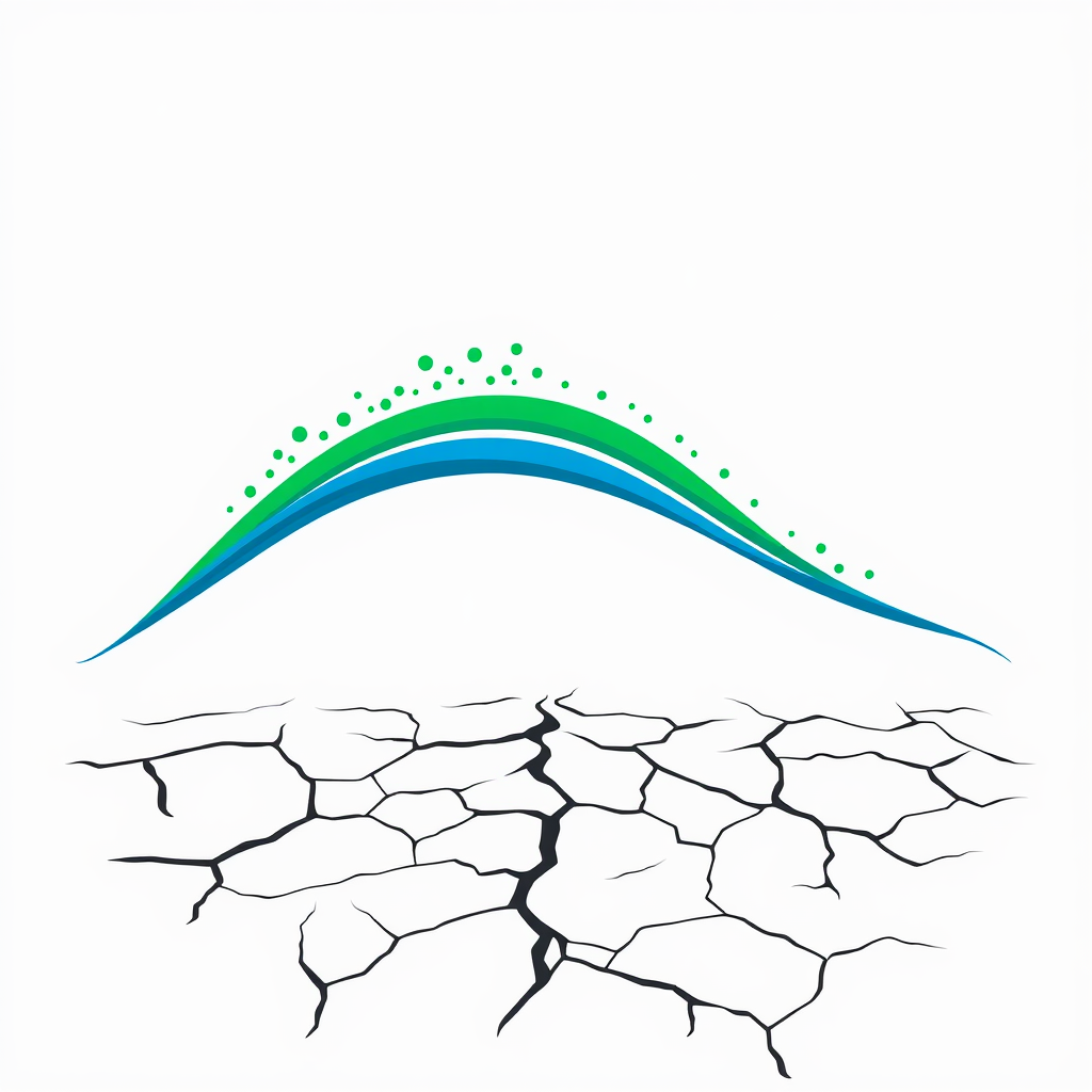 Growing Horizon Line: Abstract design featuring a fractured or barren baseline from which a vibrant green and blue curved line (the new horizon) emerges and ascends. This line could be composed of smaller, interconnected abstract shapes, symbolizing collective effort in Earth's recovery.