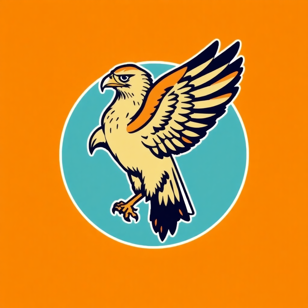 The image is a logo or emblem of an eagle in flight. The eagle is in the center of the image, with its wings spread wide and its head turned to the side. It has a yellow beak and talons, and its body is a light brown color. The background is a bright orange color, and the eagle is outlined in a blue circle. The overall design is simple and cartoon-like.