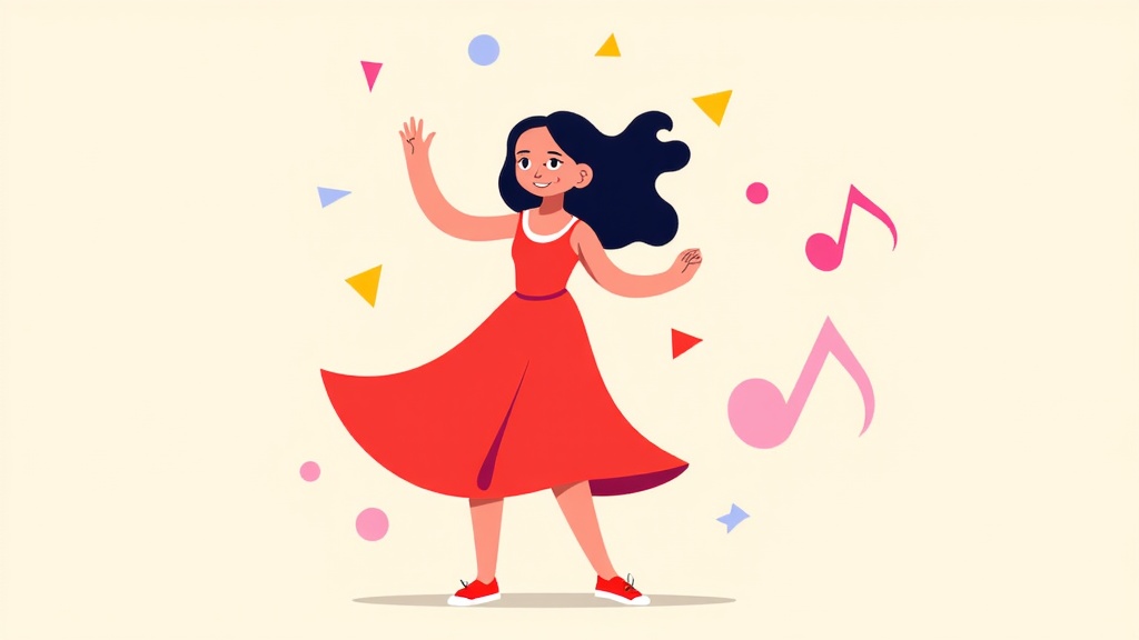 The image is an illustration of a young girl in a red dress and red sneakers. She has long dark hair and is dancing with her arms stretched out to the sides. She is surrounded by colorful triangles, musical notes, and confetti. The background is a light beige color. The girl has a big smile on her face and appears to be enjoying herself.