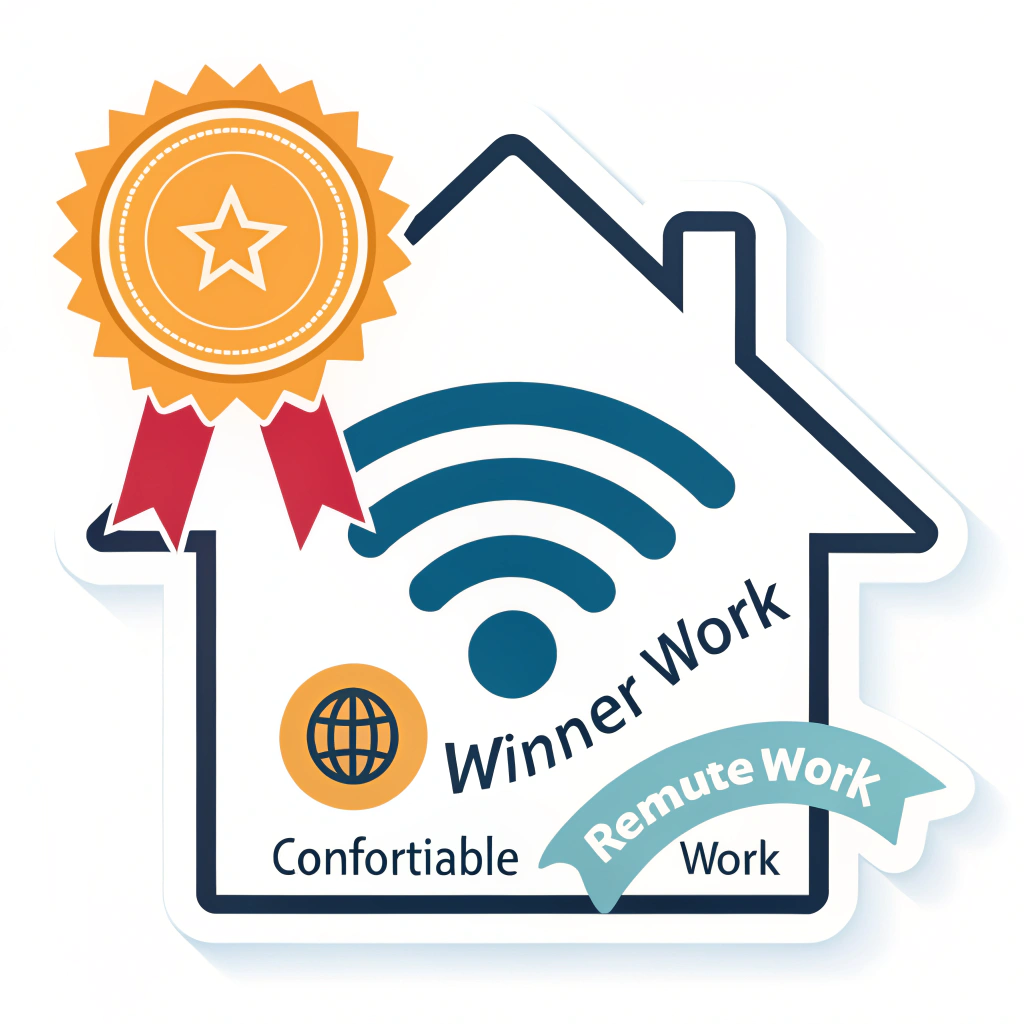 A house icon merging with a Wi-Fi symbol, topped with a winner's ribbon, suggesting comfortable and victorious remote work.