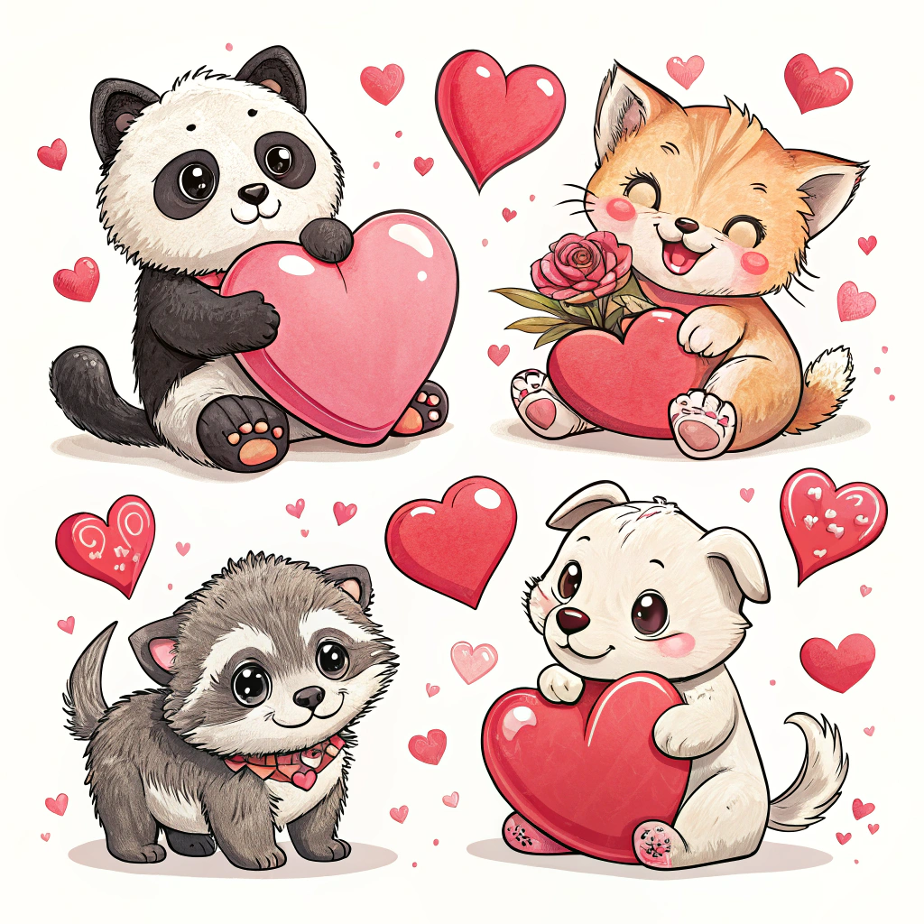 A set of stickers featuring adorable animals like pandas, kittens, and puppies, each holding or surrounded by vibrant red and pink hearts.