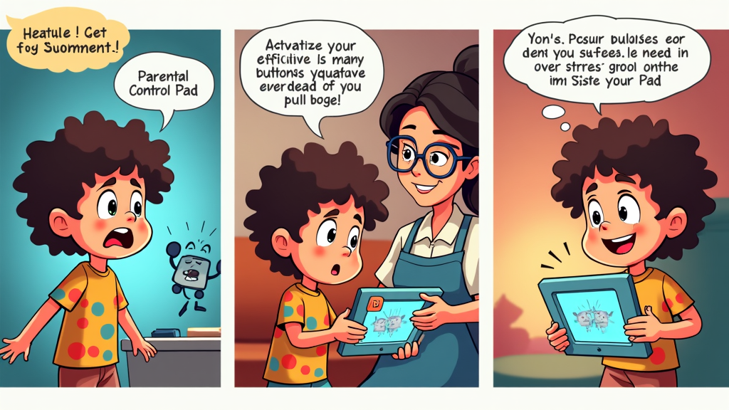 Develop an instructional cartoon comic strip: Panel 1 shows a child looking overwhelmed or encountering a 'digital monster' (representing inappropriate content or cyberbullying). Panel 2 shows a parent activating the 'Parental Control Pad' with clear, friendly buttons. Panel 3 shows the child smiling and engaging safely online, with Pad features visually represented as friendly guardians.