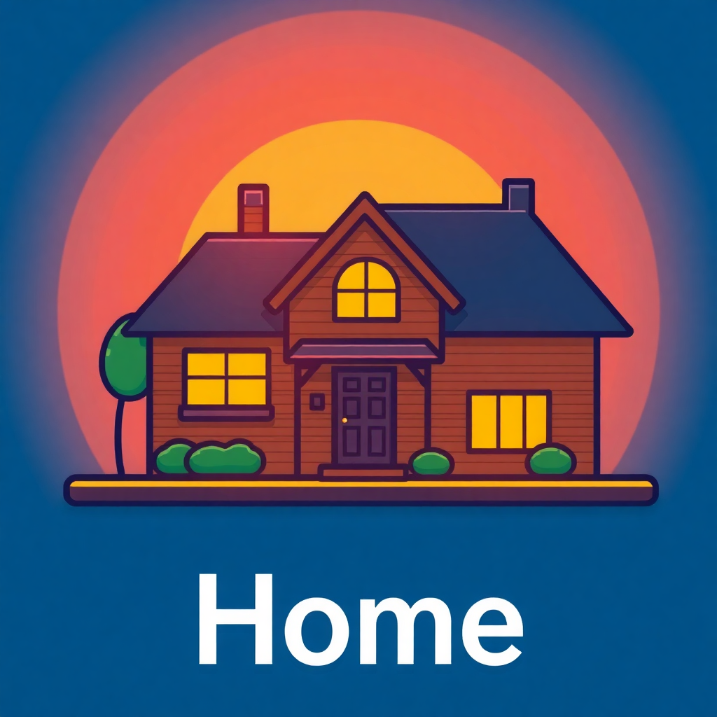 The image is a graphic illustration of a house with the word Home written below it. The house is a two-story building with a sloping roof and a chimney on the left side. It has a large front porch with a door and two windows on either side. There is a small tree on the right side of the house and a small garden in front of it.  The background is a gradient of orange and blue, with the sun setting in the top right corner. The sun is partially visible behind the house, creating a warm glow. The overall color scheme of the image is warm and inviting.