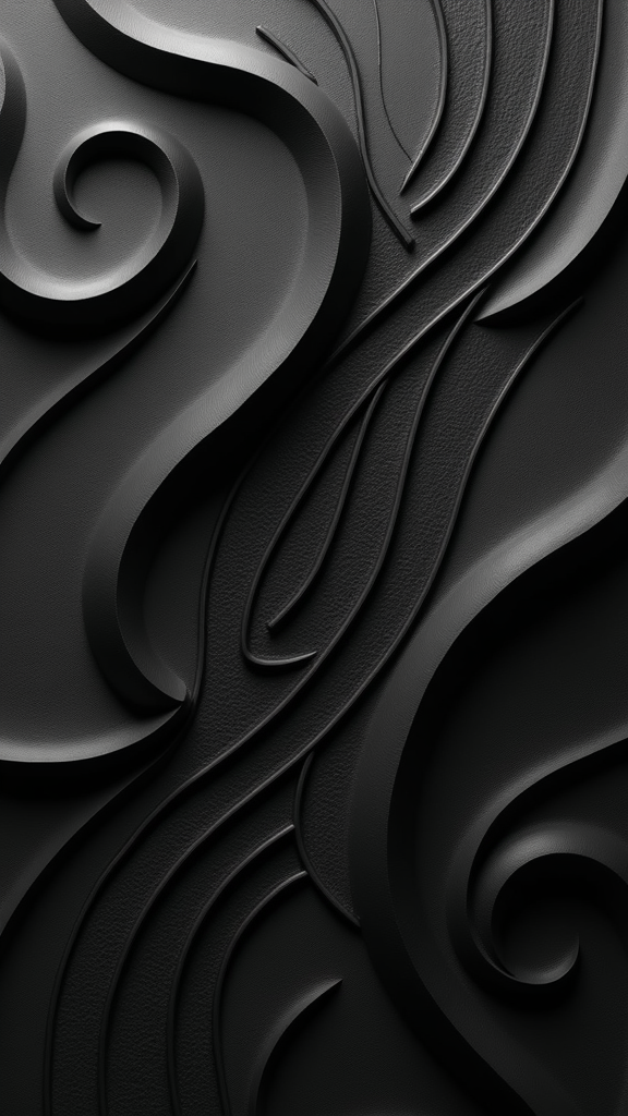 The image shows a black and white abstract background with wavy lines, creating a unique and eye-catching design. The black color is a deep, rich hue that stands out against the white background, making it the focal point of the image. The design is intricate and detailed, with swirls and curves that create a mesmerizing effect.