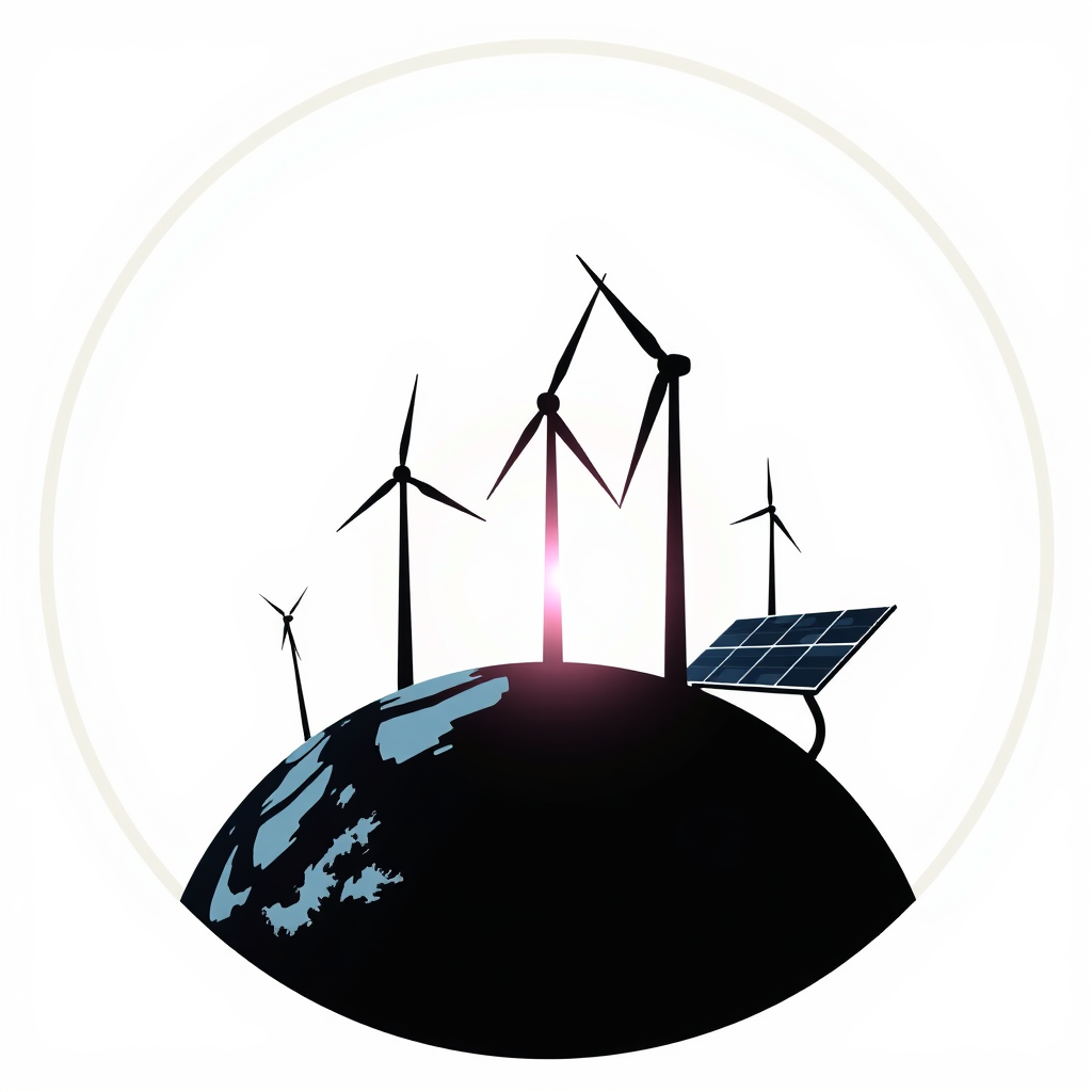 Design concept 3: A logo where the lower semi-circle represents the Earth, and the upper semi-circle transitions into a clean sky with silhouettes of wind turbines and solar panels. A bright, hopeful light source (like a rising sun) could be positioned behind these elements.