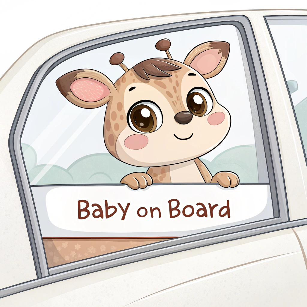 A cute cartoon baby animal peeking out of a car window with the words 'Baby on Board'.