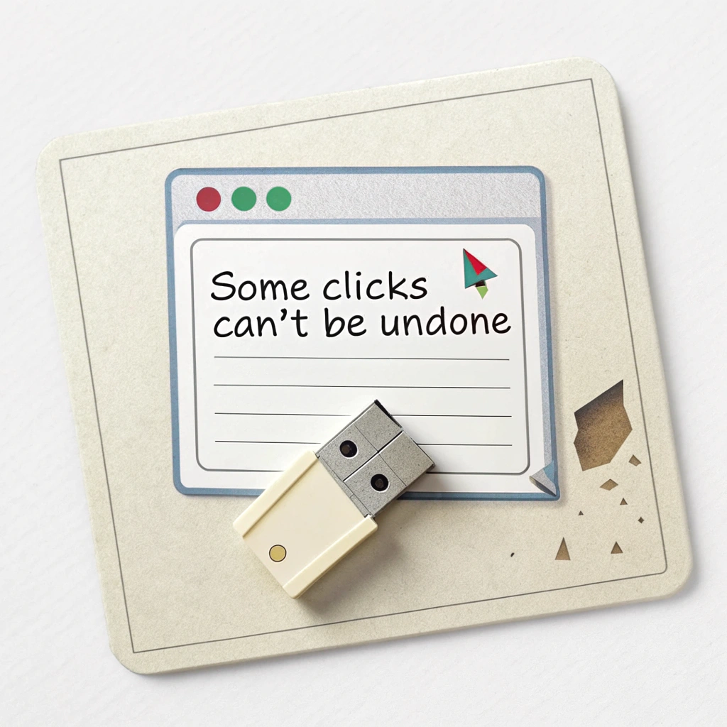 A rectangular sticker designed like a sticky note. On it, a partially erased (smudged, but still readable) digital post or image, with an eraser that looks frustrated or broken. Text: 'Some Clicks Can't Be Undone'.