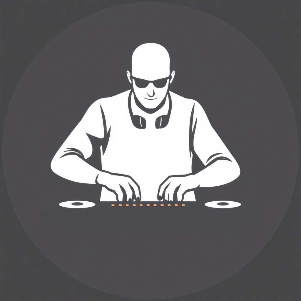 The image is a graphic illustration of a DJ playing music on a turntable. The DJ is wearing a white t-shirt and sunglasses, and has a pair of headphones around his neck. He is standing in front of a black background, and his hands are on the turntables, which are spinning and playing music. The image is in a circular shape, with a white outline. The overall style of the illustration is minimalistic and modern.