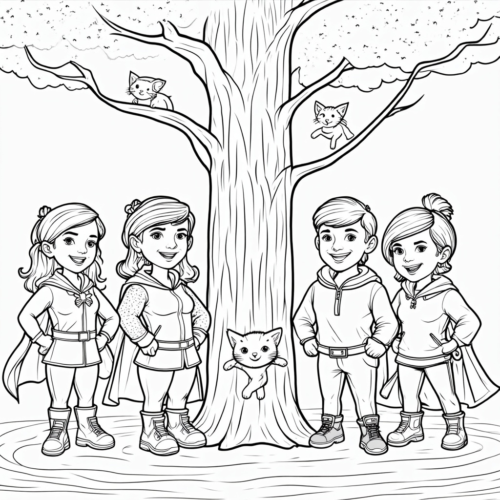 A group of diverse sidekicks, each with unique powers and costumes, facing a silly, minor challenge like rescuing kittens from a tree, all in a child-friendly art style.