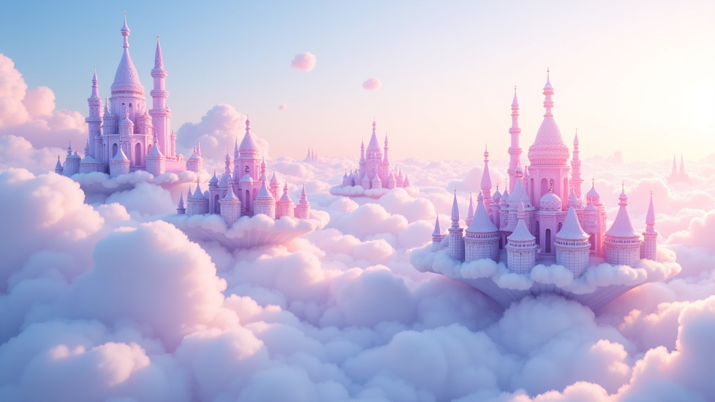 AI-generated fractal cities built upon cloud foundations, featuring gossamer, impossible architecture that shimmers with ethereal, pastel light.