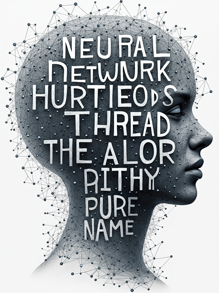 Typographic Weave: The words 'NEURAL', 'NETWORK', 'THREADS', 'WEAR', 'THE', 'ALGORITHM' are intricately interwoven, with some letters appearing to be constructed from nodes and connecting lines, forming a cohesive text-based tapestry.