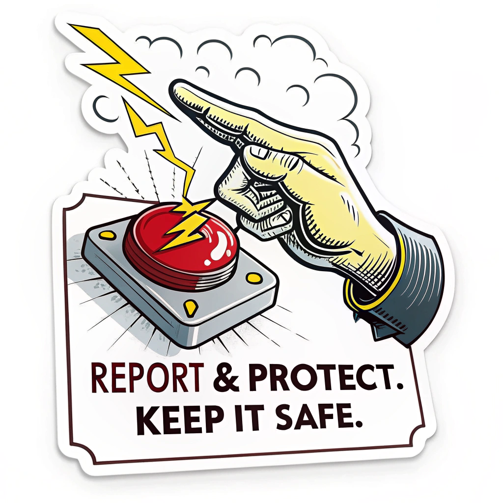 Sticker Design Sub-Idea 2: A striking graphic of a finger decisively pressing a brightly glowing report button, with illustrative 'zaps' or 'shields' deflecting harmful content. Text: 'Report & Protect. Keep It Safe.'