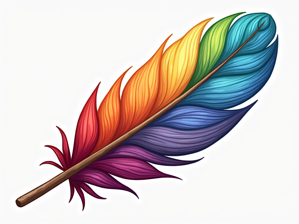 A logo that incorporates a feather motif, with each barb displaying a different color of the rainbow, creating a fan-like design.