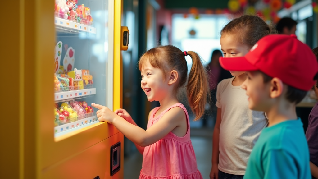 Children joyfully interact with a vending machine offering small toys and stickers at the entrance of a family-friendly restaurant.