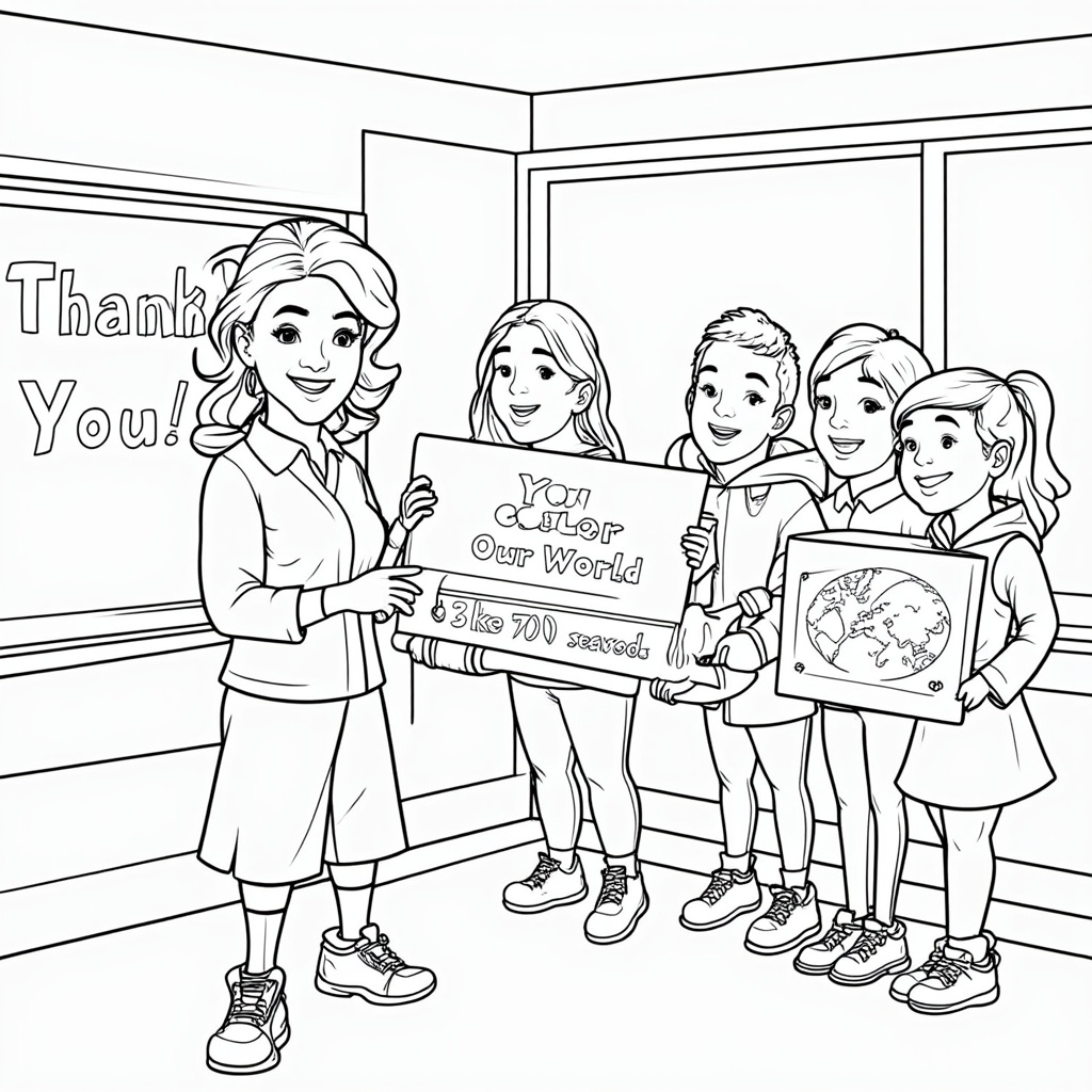 Teacher & Appreciation Scene: A friendly teacher figure stands before a blackboard that reads 'Thank You!'. Students (simplified or diverse) are presenting the teacher with a giant crayon or a drawing that includes a crayon box and globe. The text 'You Color Our World' is integrated into the scene, perhaps on a student's drawing or along the border.