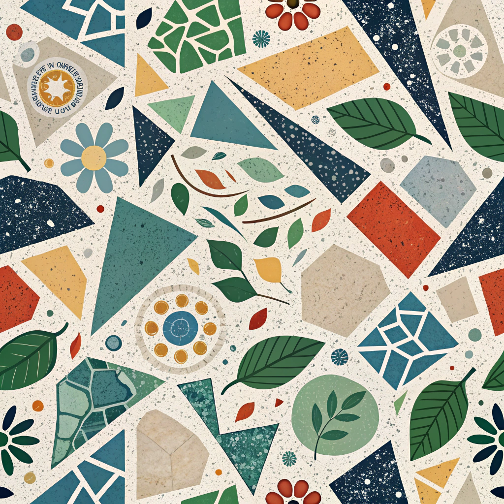 Digital Debris Mosaics: Generative patterns algorithmically arranging scanned textures and shapes from diverse recycled materials (e.g., plastics, paper, metal), creating abstract or structured visual compositions reflecting the source materials.