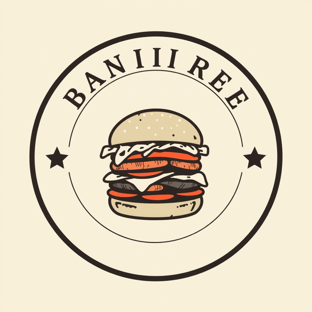 A circular emblem with a thick, bold outline. Inside, a stylized hamburger with visible layers (bun, patty, lettuce, cheese, tomato) rendered with a slightly distressed, textured look to emphasize the vintage feel. Use classic typography for the brand name curving around the upper portion of the circle.