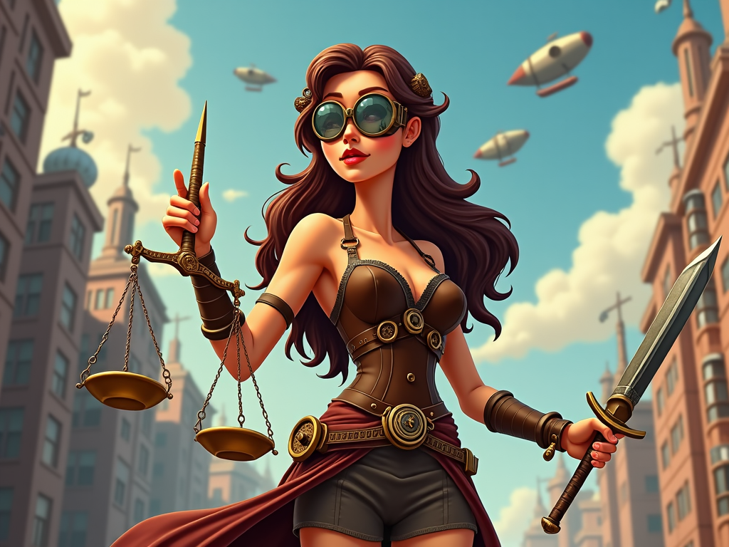 A cartoon Lady Justice with a steampunk twist, featuring gears and cogs integrated into her scales and sword. Her blindfold serves as goggles, depicting her as an arbiter in a mechanized world.