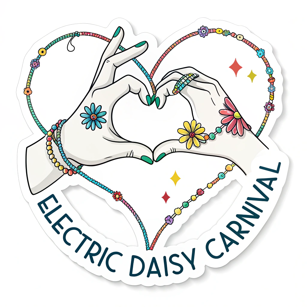 An abstract design of two hands forming a heart shape. The outline of the hands and the heart itself is created from a string of colorful Kandi beads. Subtle 'Electric Daisy Carnival' text could curve around the bottom of the heart.