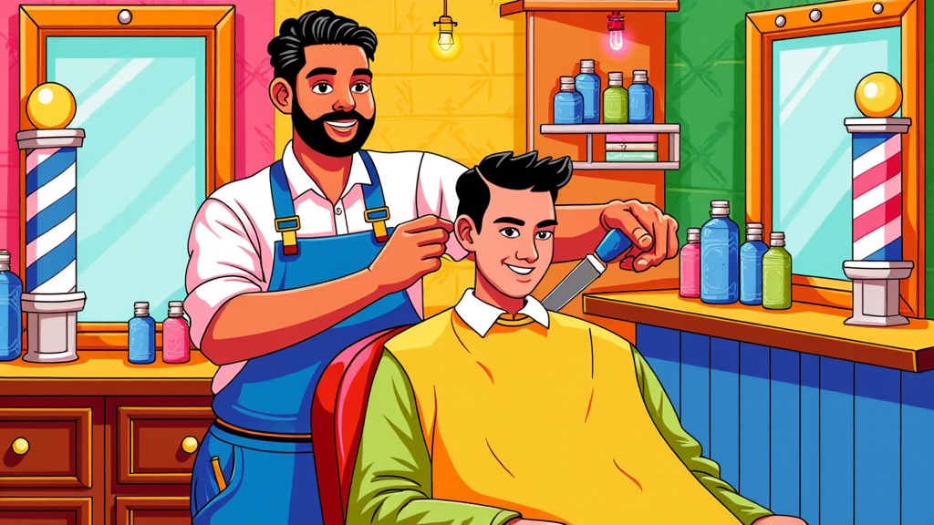  a barber cutting a young man's hair in a barbershop. The barber is standing behind the barber, holding a pair of scissors and a comb. The young man is sitting in a chair with a yellow cape draped over his shoulders. He is smiling and appears to be enjoying the process. The background of the image is a colorful barber shop with various barber tools and products on the counter. There are two large mirrors on either side of the counter, and a shelf with bottles of shampoo and conditioner on the right side. The walls are painted in a bright pink color, and there are two hanging light bulbs above the mirrors.