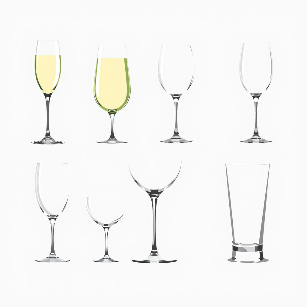 Develop a collection of glassware silhouettes that spans various styles and uses, such as a classic champagne flute, a sturdy highball glass, a delicate snifter, and a simple water glass.