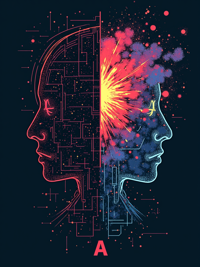 A split-design t-shirt: one half displays a dark, structured grid with binary code or circuit patterns, representing AI's logical foundation. The other half explodes into a vibrant, chaotic, and surreal dreamscape, illustrating the imaginative output. The letters 'A' and 'I' could subtly mark the split point.