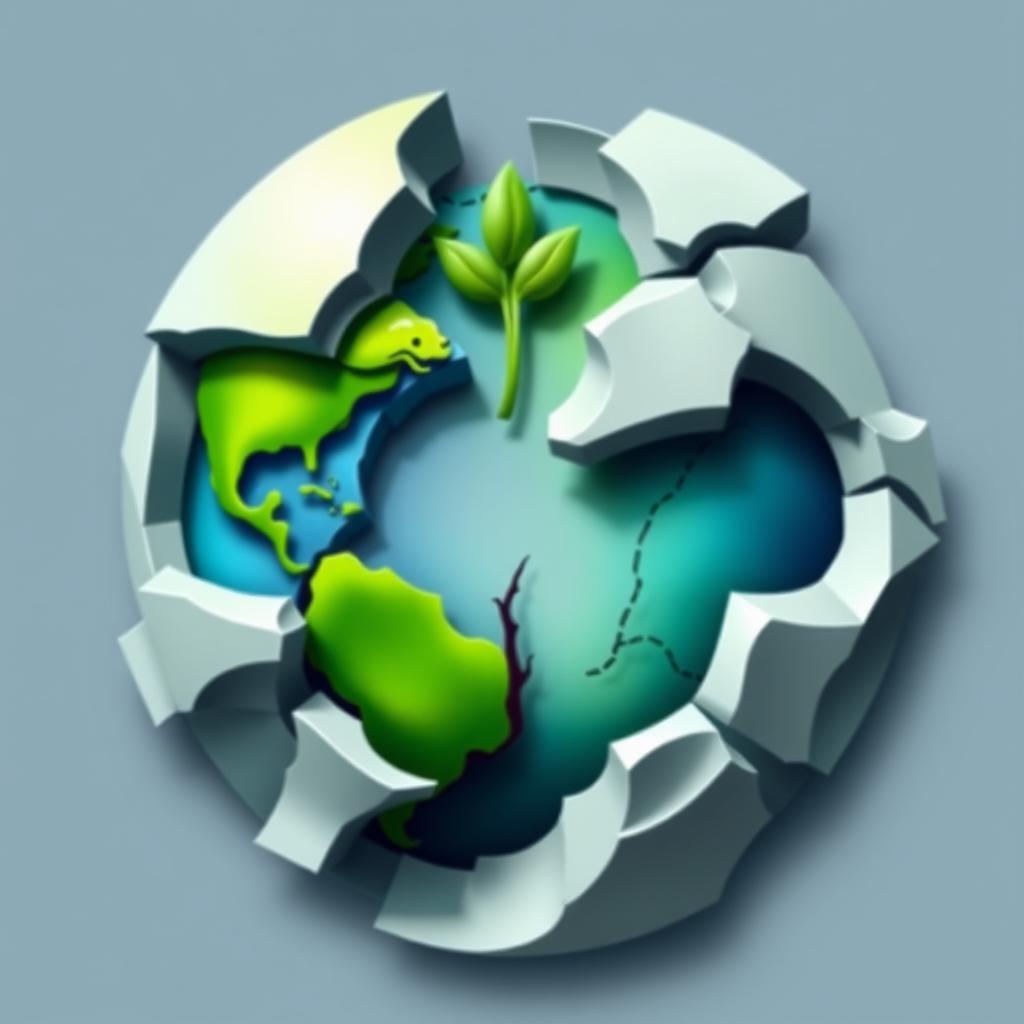 Resurgent Earth: Abstract depiction of a fragmented globe reassembling, with vibrant green and blue hues filling the cracks, symbolizing healing and restoration. The overall shape could subtly suggest a budding plant or a gentle, upward spiral.
