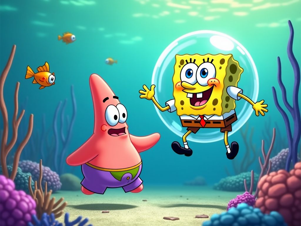 SpongeBob cheerfully floating with Bubble Buddy, introducing him to Patrick who gazes in wonderment.