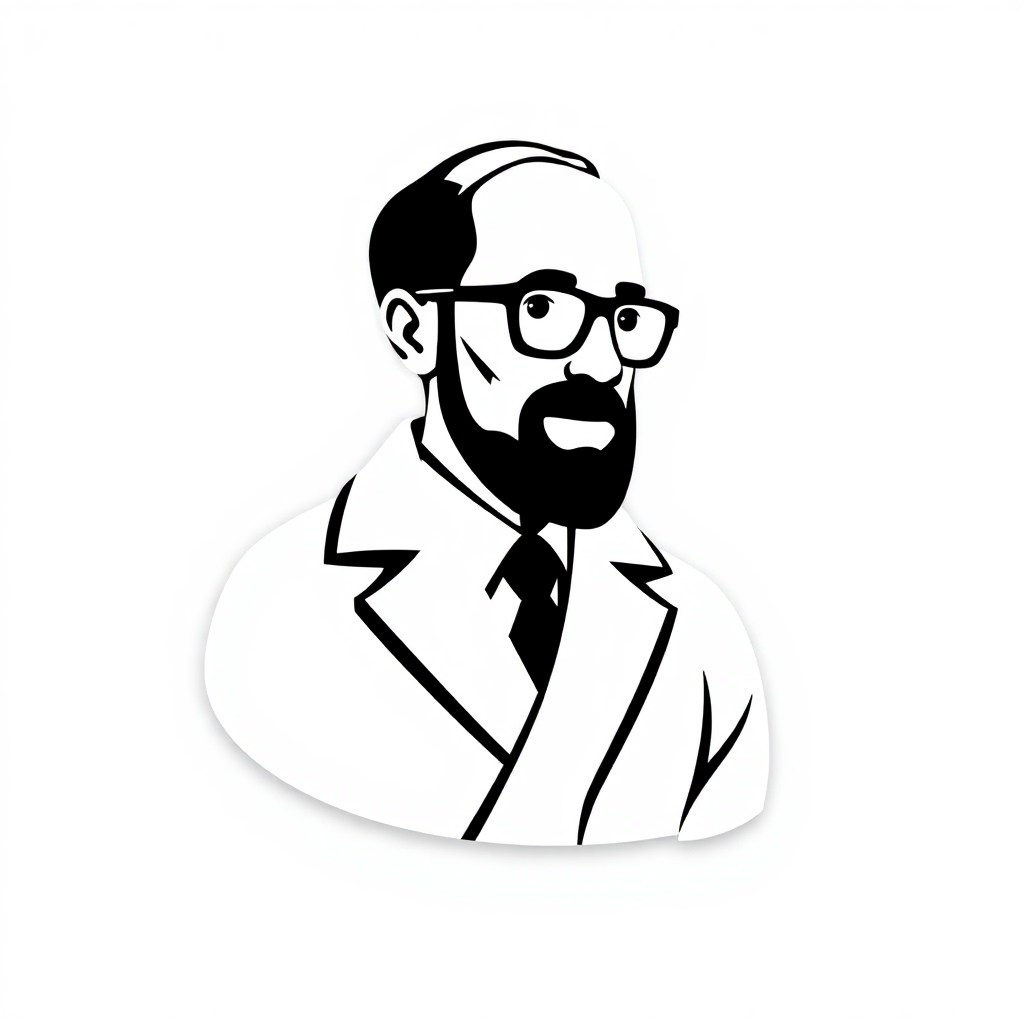 The image is a black and white illustration of a man's face. The man has a beard and mustache and is wearing glasses. He is wearing a suit and tie, and his hair is neatly combed back. The illustration is oval-shaped and has a simple, minimalist design. The background is plain white.