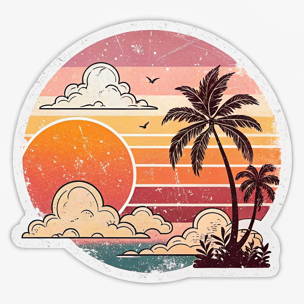 The image is a circular sticker with a colorful illustration of a tropical scene. The background is a gradient of orange, pink, and yellow, with a large orange sun in the center. The sun is surrounded by white clouds and there are two palm trees on the right side of the image. On the left side, there is a small island with palm trees and other tropical plants. The ocean is visible in the bottom right corner, with small waves crashing onto the shore. There are also a few birds flying in the sky. The overall style of the illustration is vintage and retro.