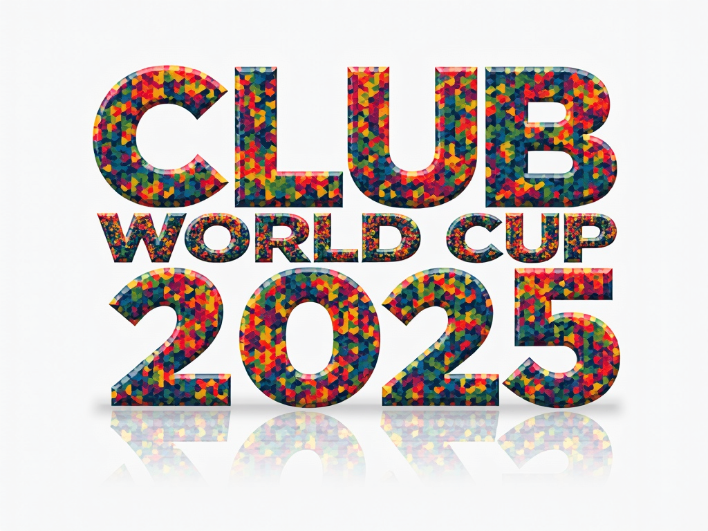 Modular Grid Typography: The words 'Club World Cup 2025' constructed using a geometric grid system, where letterforms are built from unified shapes or blocks, creating a modern, structured, and impactful visual. Color blocking within the type could highlight different aspects or teams.