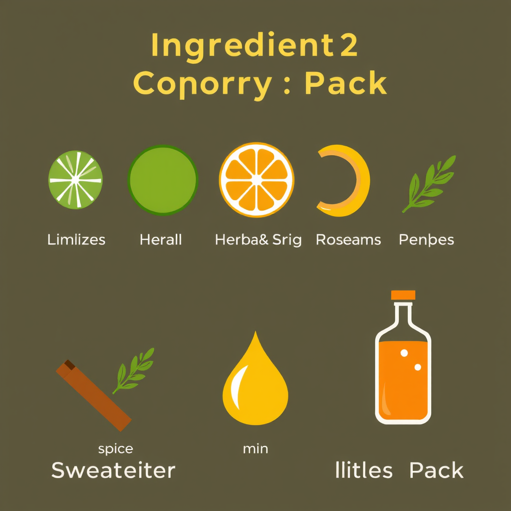 Sub Design Idea 2: Ingredient Category Packs - Create themed mini-sets within the larger collection, such as 'Citrus Essentials Pack' (lemon wedge, lime slice, orange peel icons), 'Herbal & Spice Accents Pack' (mint leaf, rosemary sprig, cinnamon stick icons), and 'Sweeteners & Bitters Pack'.