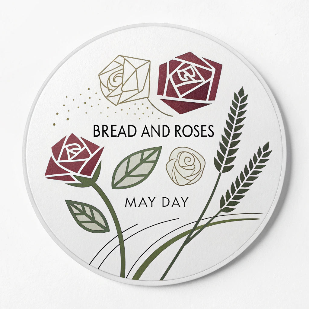 Sub-design 5 (Modern & Symbolic): A circular or die-cut sticker with a clean, modern aesthetic. It features abstract representations of a rose (e.g., geometric petals) and bread (e.g., wheat stalks). The text 'Bread and Roses' and 'May Day' is minimalistic and well-integrated.